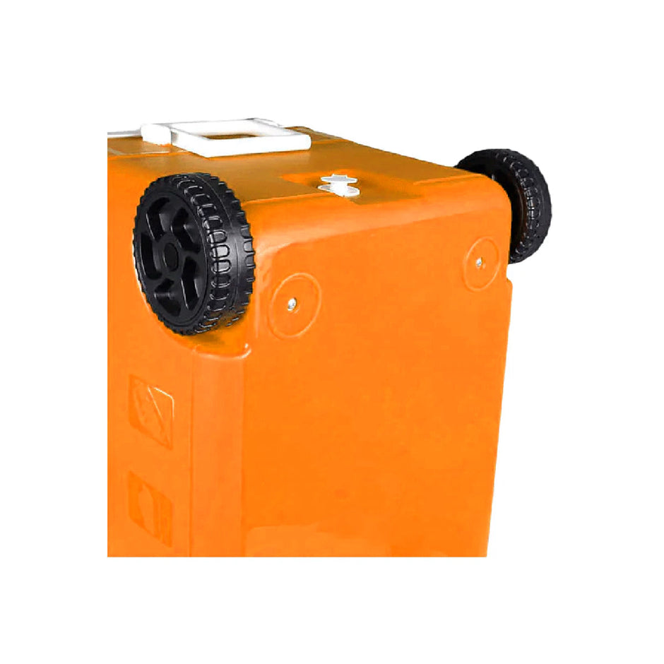The 55QT Orange Cooler, model CVC65OR, features two black plastic wheels and a white handle on top. It boasts sleek wheeled design, embossed sides, built-in 6.5