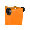 The 55QT Orange Cooler, model CVC65OR, features two black plastic wheels and a white handle on top. It boasts sleek wheeled design, embossed sides, built-in 6.5