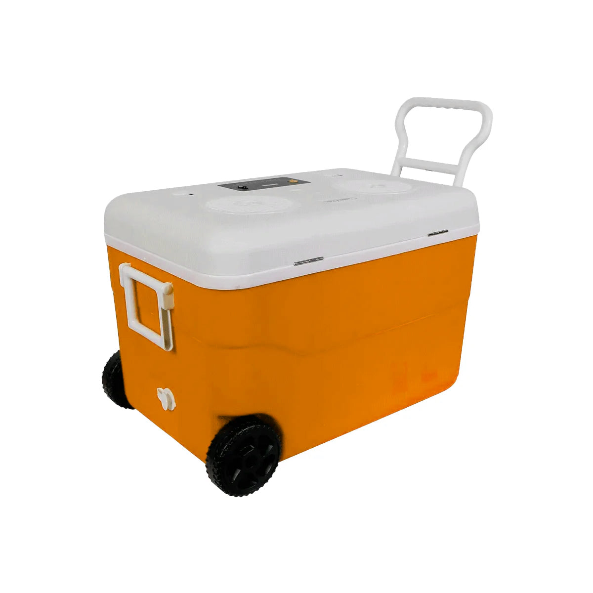 The Cooler is orange with a white lid featuring two cup holders. It has a rectangular latch, a spout near the base, black wheels, and a white retractable pull handle for easy transport. Practical and portable design.