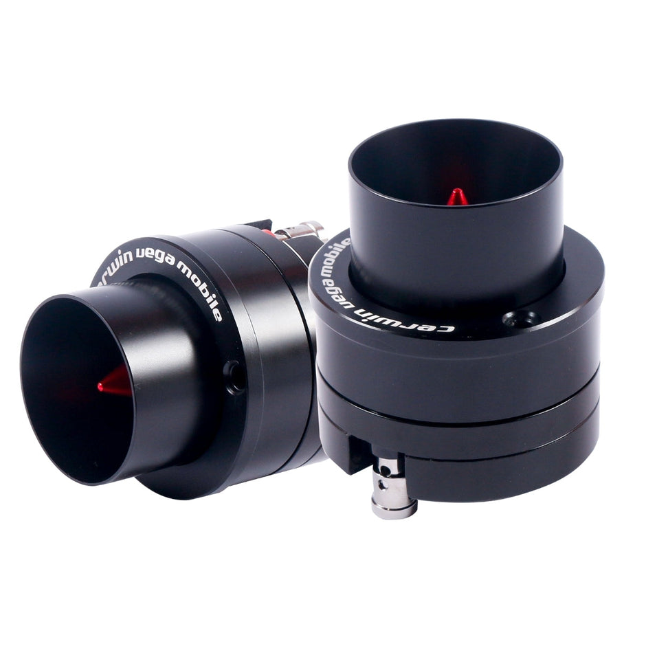 Two cylindrical telescope collimators from Celestron, featuring reflective surfaces and glowing red laser beams, reflect the precision of the Pro Series 1