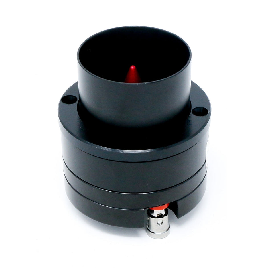 A black cylindrical connector with a rounded top and a red interior, reminiscent of the CERWIN-VEGA MOBILE design. Its matte finish is accented by small screws, while the metal plug offers precision akin to the Pro Series 1