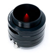 A black, cylindrical metal Tweeter with fins showcases a visible red cone. 