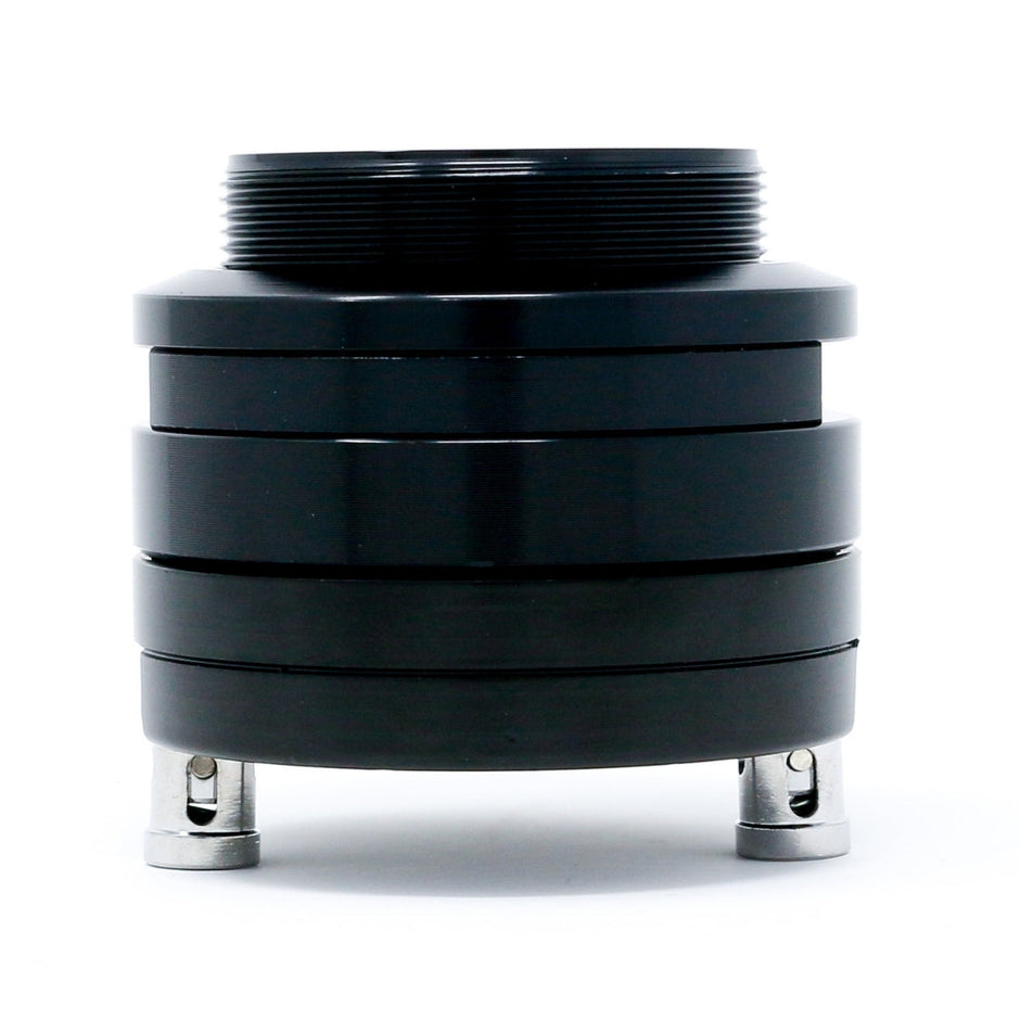 A close-up of the Pro Series P1SRT, a black cylindrical metallic adapter with smooth stacked rings, featuring a titanium-threaded top and two adjustable metal screws at the bottom, stands out against the plain white background.