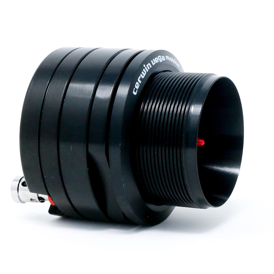 A black cylindrical coaxial speaker compression driver unit with ridges features a shiny silver connector, visible threading on the right, and 