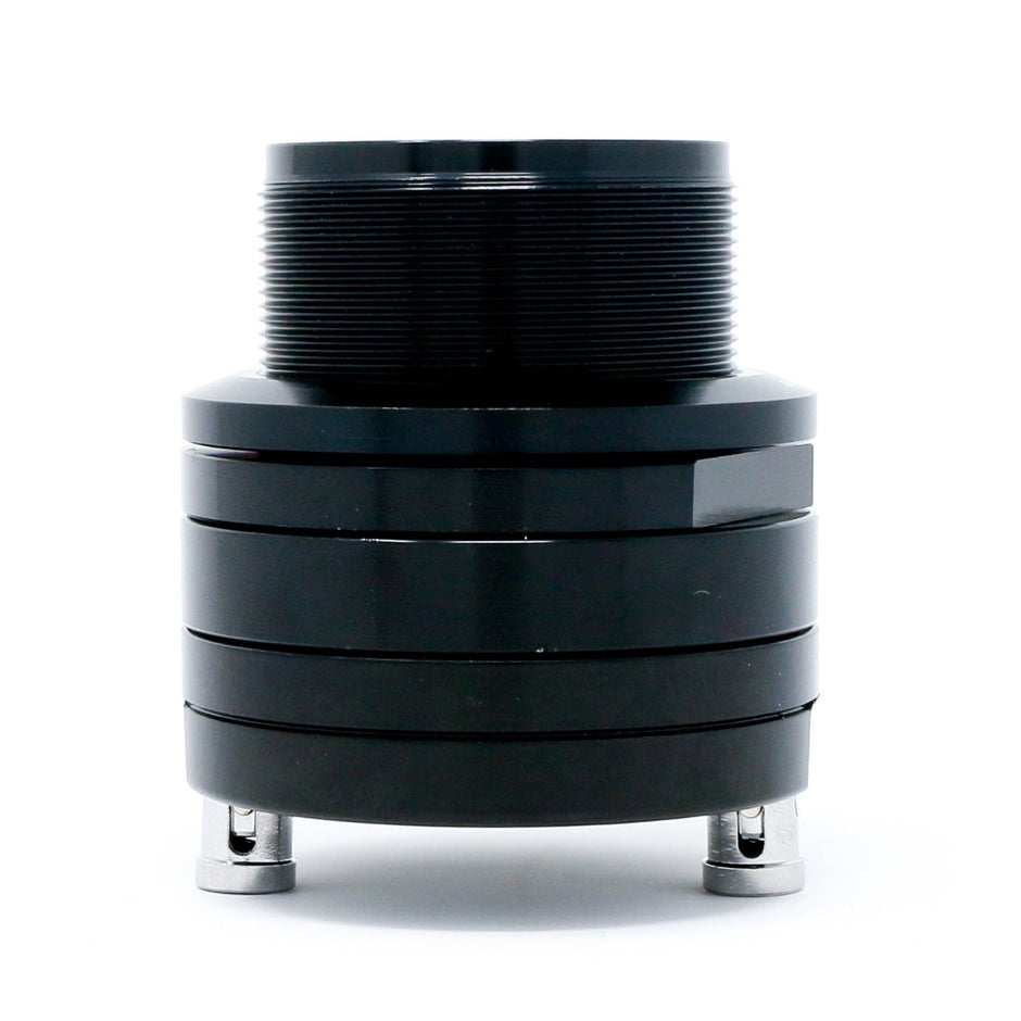 A Tweeter, black and cylindrical, with vertical ridged segments, is shown in close-up. It has a threaded top and two metal connectors at the bottom, centered on a white background.