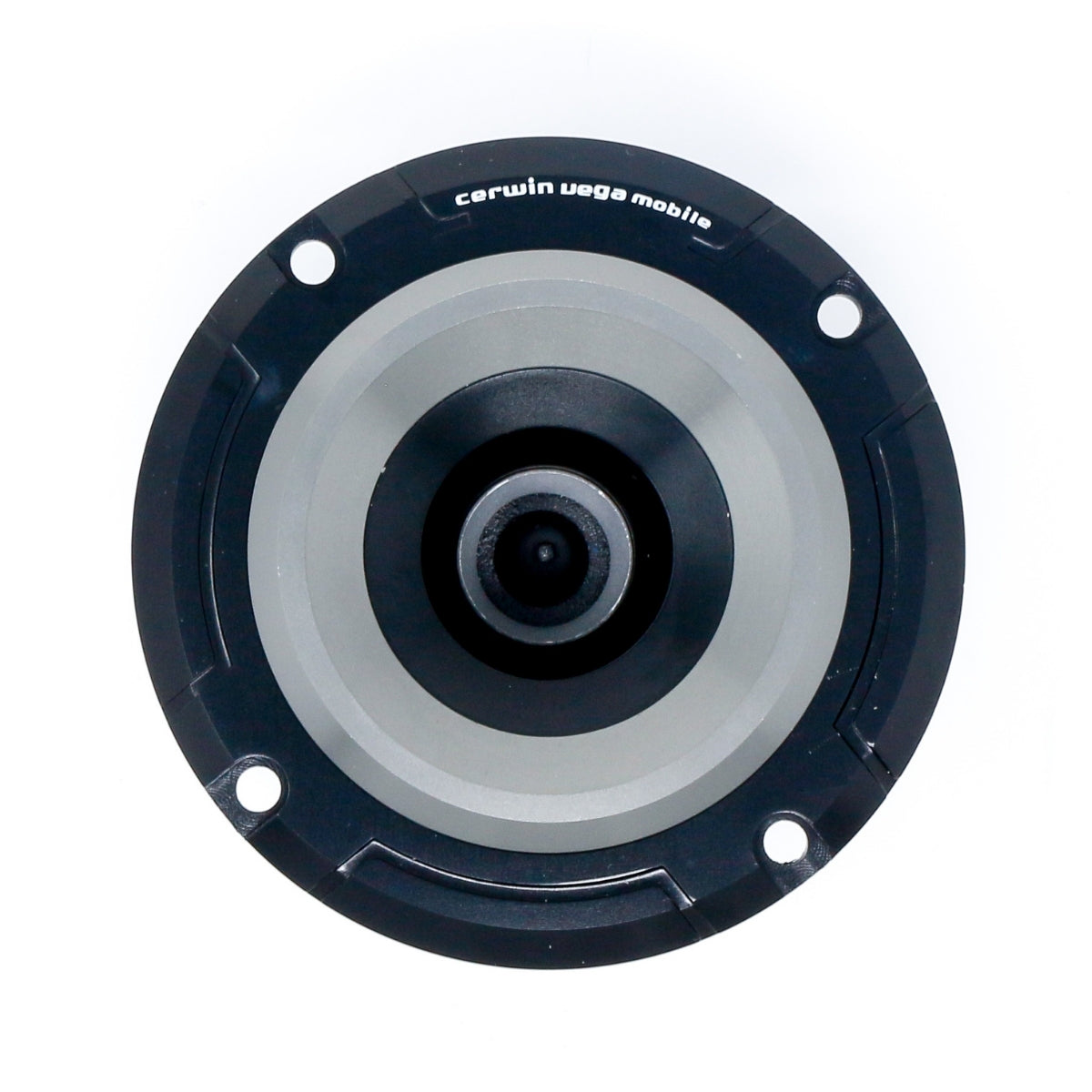 Close-up view of a Tweeters speaker. The circular design showcases concentric circles in black and gray with a central dome. The outer rim is black with screw holes and the 
