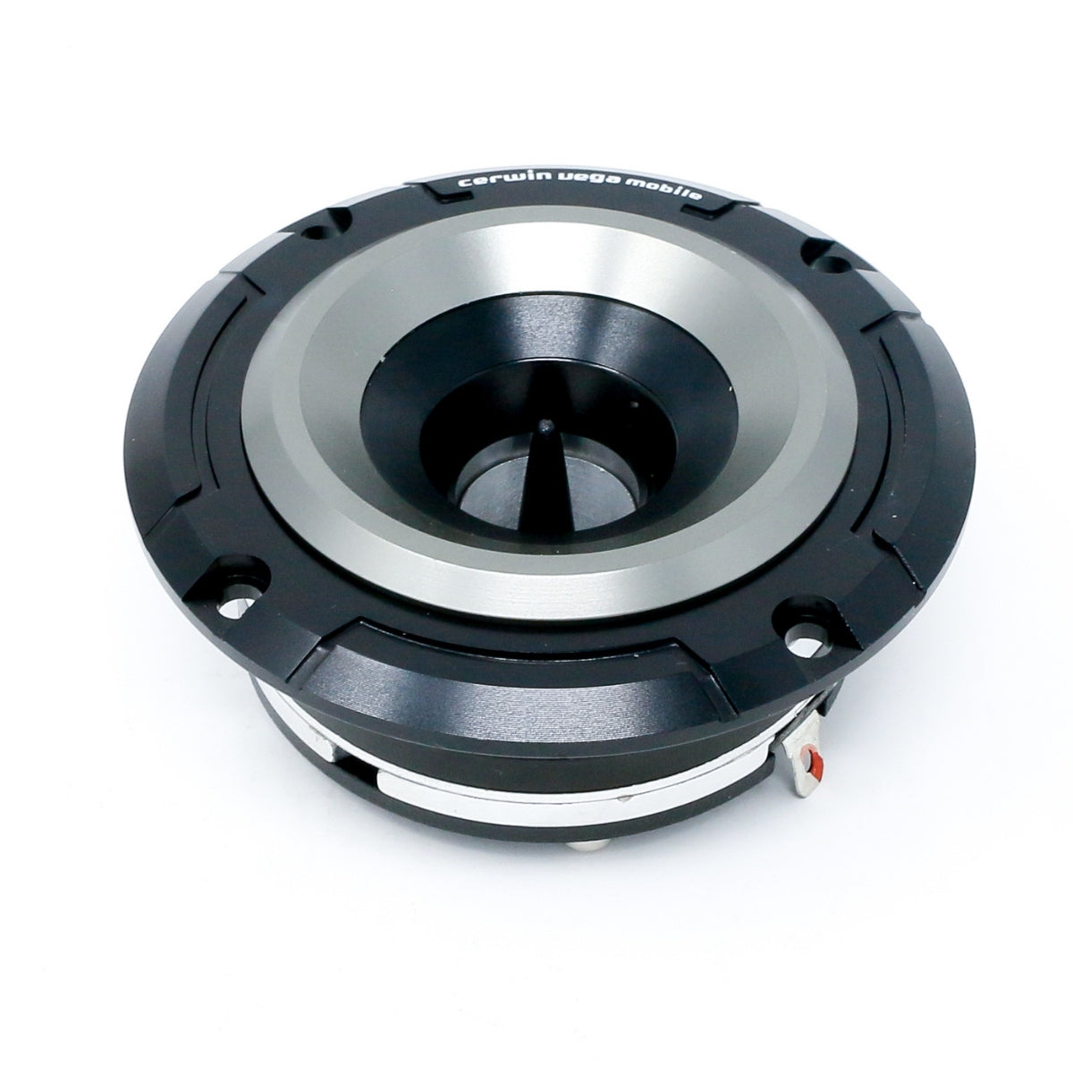 A round, metallic tweeter with a black and silver cone design and circular black frame featuring the brand name. It includes a central bullet-shaped phase plug, mounting holes around the edge, and boasts a sleek, industrial look.