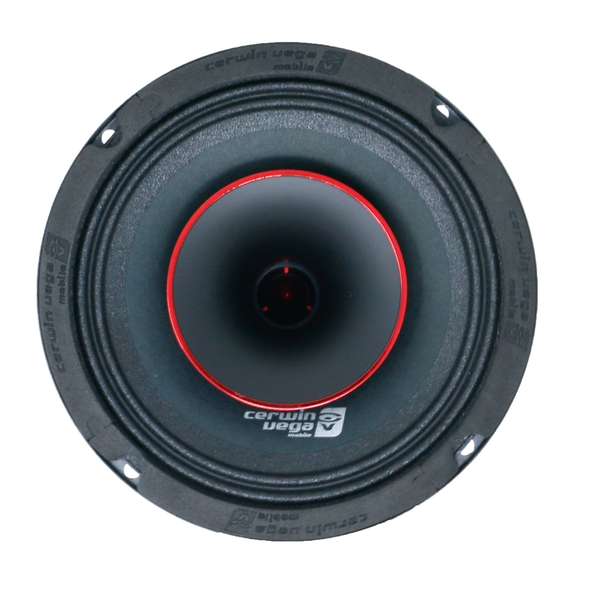 The image depicts a Cerwin Vega Mobile 2-Way Pro Full Range Coax Horn Speaker, featuring a close-up of its round design. It has a black cone with a red ring around the center, a textured black outer rim with four evenly spaced screw holes, and 