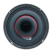 The image depicts a Cerwin Vega Mobile 2-Way Pro Full Range Coax Horn Speaker, featuring a close-up of its round design. It has a black cone with a red ring around the center, a textured black outer rim with four evenly spaced screw holes, and 