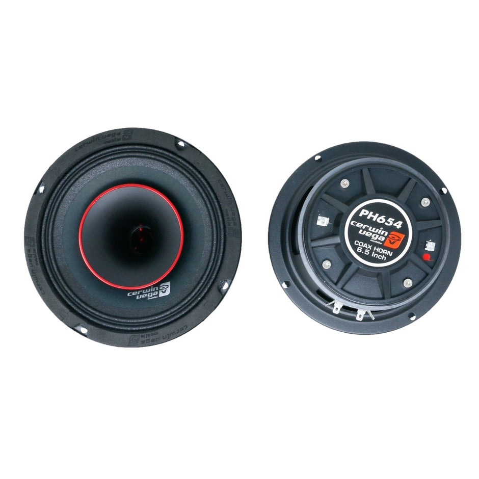 Two car audio speakers are displayed on a white background. The left speaker showcases a front cone with a red-accented rim, while the right one reveals the back featuring a label 
