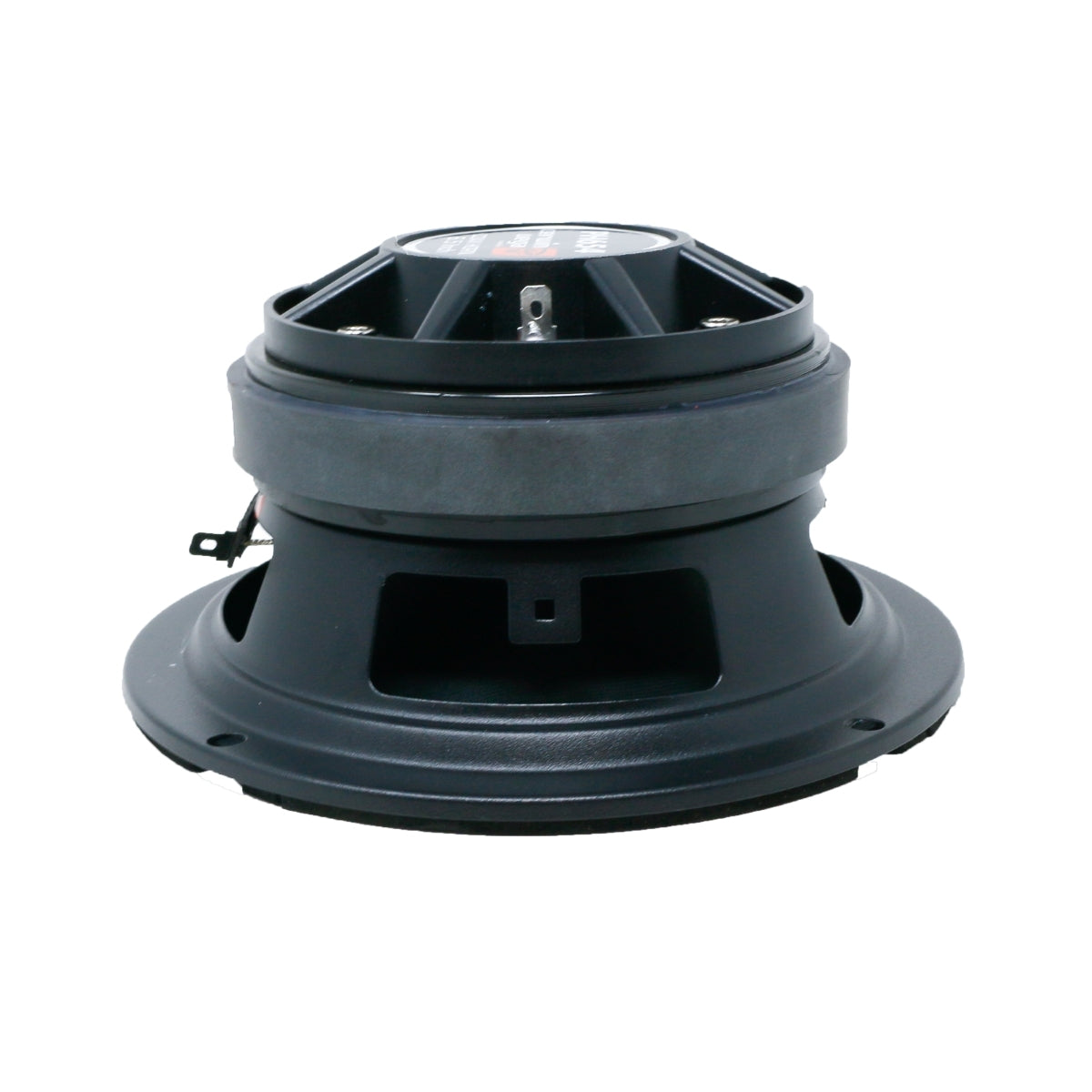 A side view of a black 2-Way Pro Full Range Coax Horn Speaker reveals its cone shape, open frame, visible magnet structure with a gray ring, and side connection terminals. Rectangular cutouts allow ventilation. The matte finish is smooth.