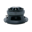 A side view of a black 2-Way Pro Full Range Coax Horn Speaker reveals its cone shape, open frame, visible magnet structure with a gray ring, and side connection terminals. Rectangular cutouts allow ventilation. The matte finish is smooth.