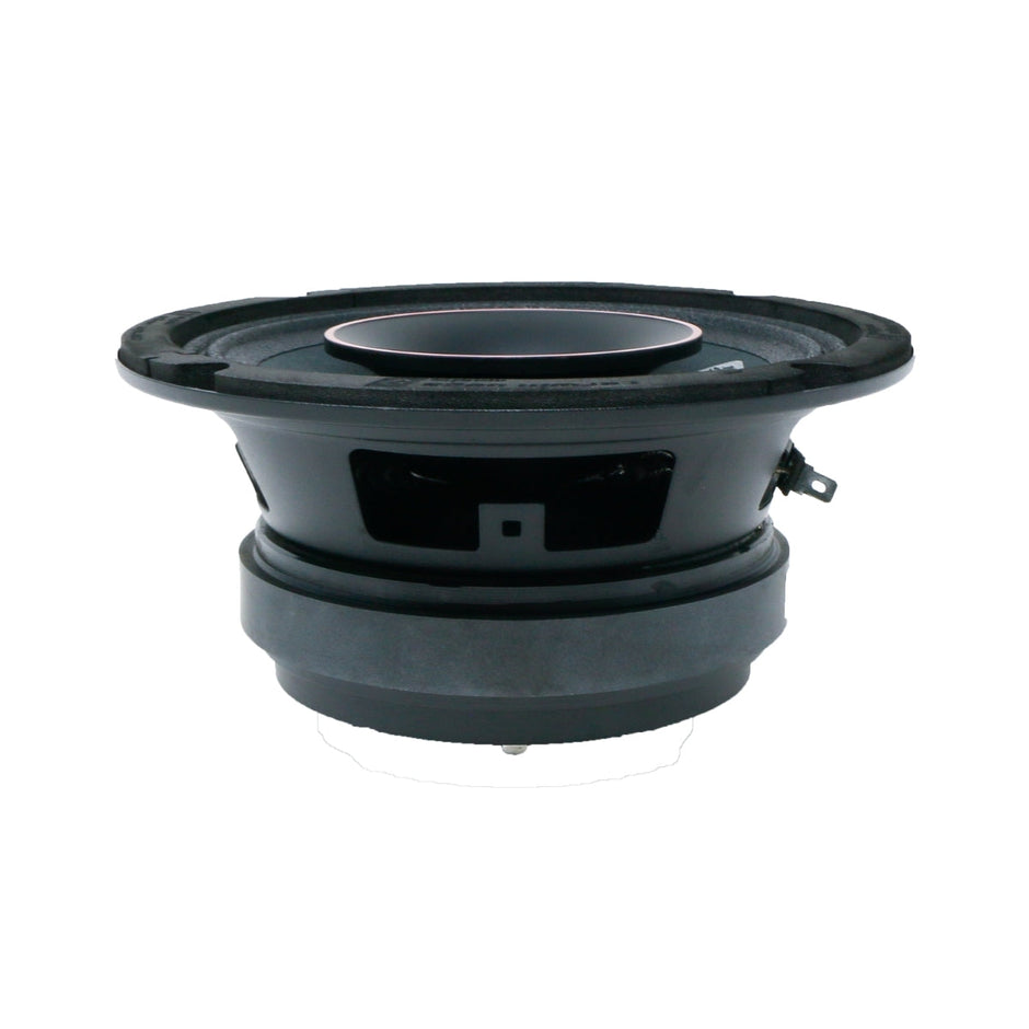 Side view of 2-Way Pro Full Range Coax Horn Speaker in black, featuring a round central opening, sturdy frame, rubber surround, and metallic base with visible coils and connection terminal. Set against a plain white background to highlight its detailed structure.