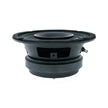 Side view of 2-Way Pro Full Range Coax Horn Speaker in black, featuring a round central opening, sturdy frame, rubber surround, and metallic base with visible coils and connection terminal. Set against a plain white background to highlight its detailed structure.