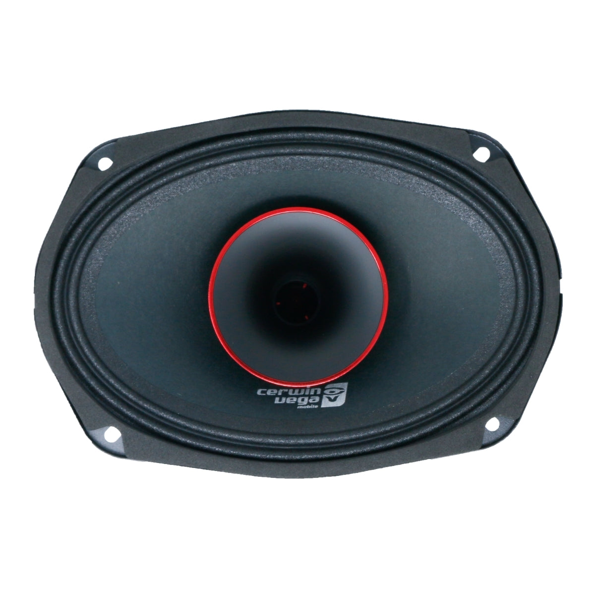 The Cerwin-Vega 2-Way Pro Full Range Coax Horn Speakers are oval-shaped with a central dome, red accents, and a black outer casing. They have four corner mounting holes for installation, and the brand logo is displayed near the bottom of the speaker cone.