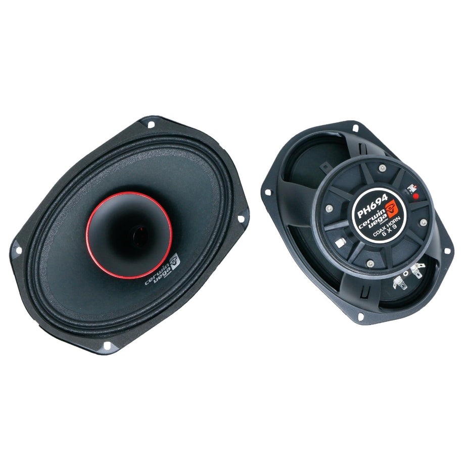 Two black oval 2-Way Pro Full Range Coax Horn Speakers, displayed front and back. The left features a red-accented cone; the right shows the back labeled 