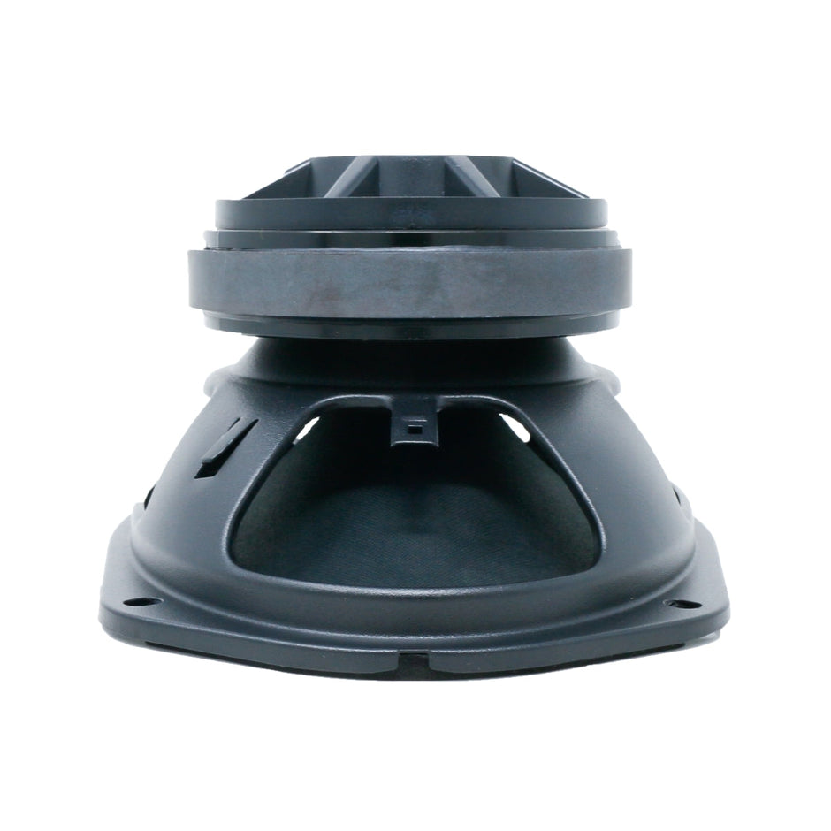 The 2-Way Pro Full Range Coax Horn Speakers feature a black, industrial design with a sturdy metal basket, a wide rubber surround, a cone, and a sizable magnet structure. The side view image highlights these features against a plain white background.