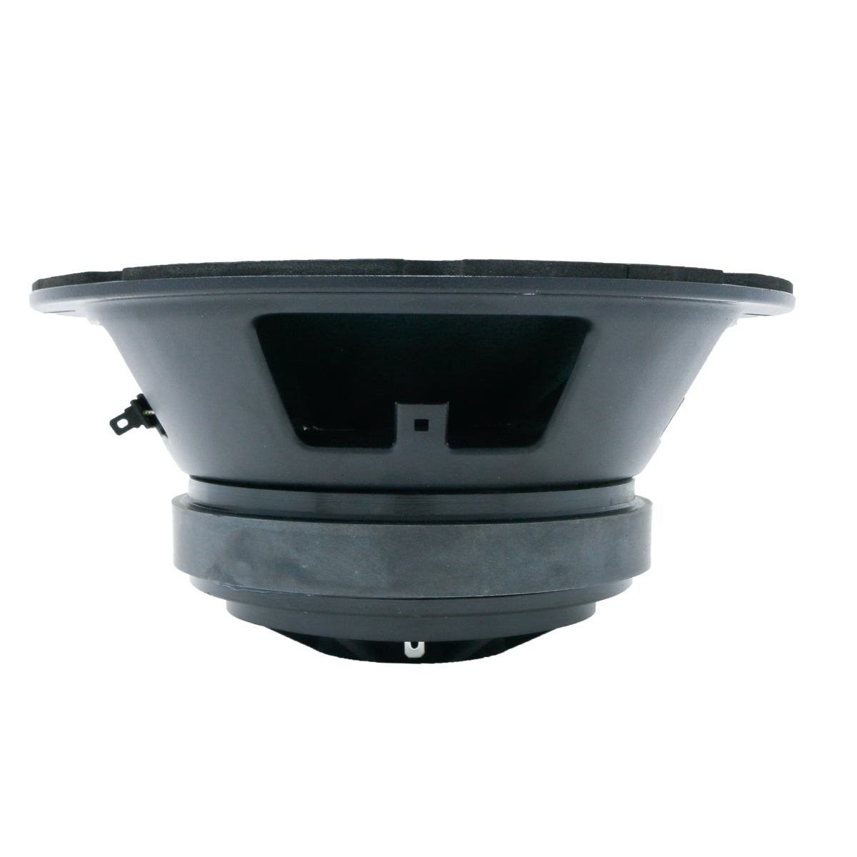 Side view of a black 2-Way Pro Full Range Coax Horn Speaker with a conical shape. The flat outer edge tapers inward to a large magnet base, featuring vent holes that highlight its sound reproduction design.