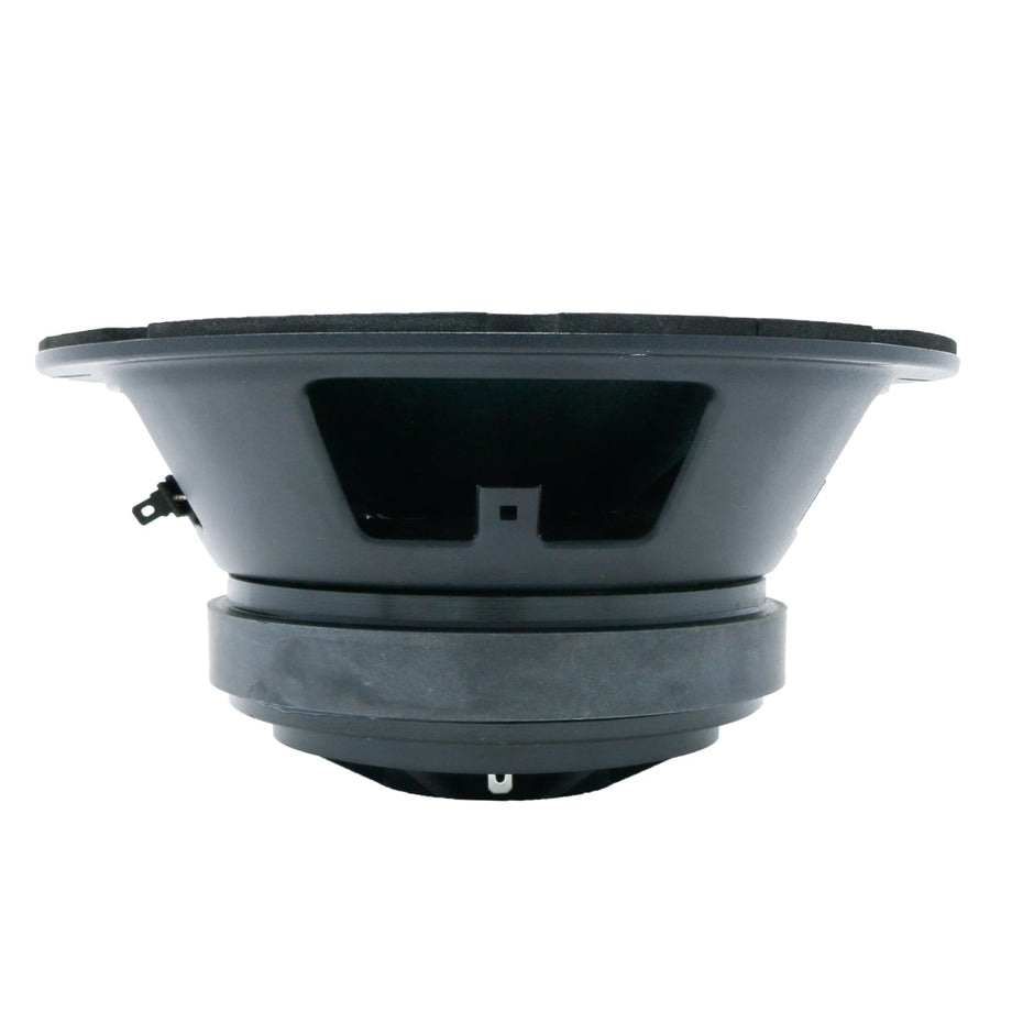 Side view of a black 2-Way Pro Full Range Coax Horn Speaker with a conical shape. The flat outer edge tapers inward to a large magnet base, featuring vent holes that highlight its sound reproduction design.