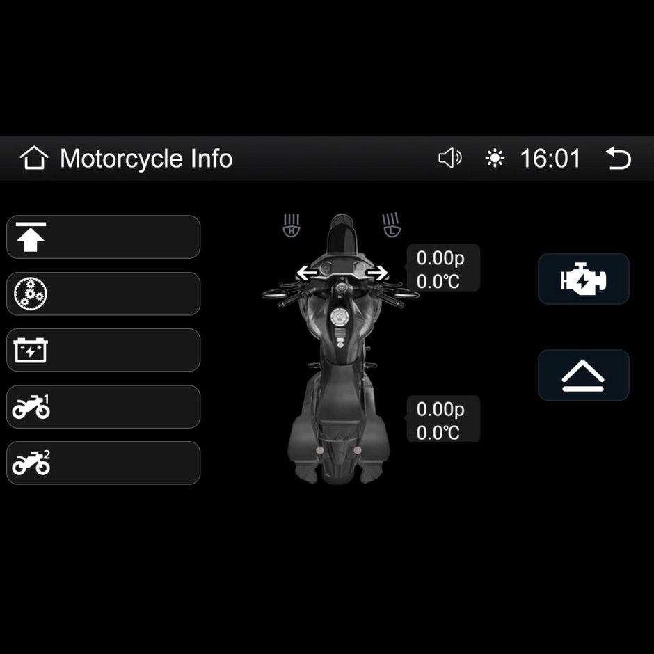 A digital screen displays motorcycle info with a top-view Harley Davidson graphic. Setting symbols show temperature (0.0°C), pressure (0.00p), gear shift, and time (16:01). Navigation icons top the black background, ideal for the 2014-2023 Harley Davidson® Plug N-Play Media Receiver - RPMHD14.