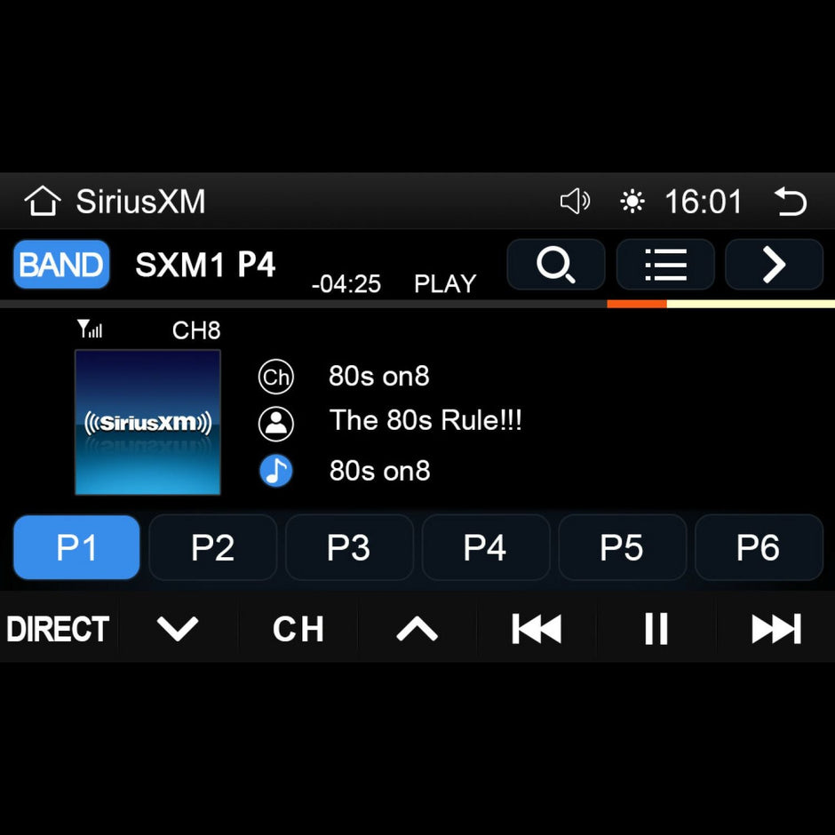 The 2014-2023 Harley Davidson® Plug N-Play Media Receiver (RPMHD14) displays SiriusXM's channel 8 