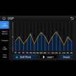 The RPMHD14 Media Receiver's Equalizer on the 2014-2023 Harley Davidson features a black background with a yellow frequency line graph from 25 to 16k. Blue dots indicate decibel levels, while 
