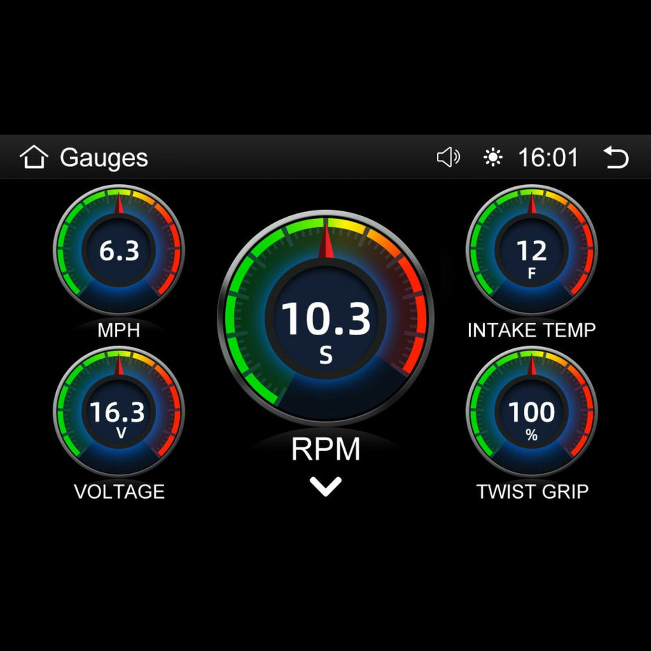 The Harley Davidson-style digital dashboard features a center gauge for the RPMHD14 at 10.3 S RPM, with top left showing 6.3 MPH, top right at 12°F intake temp, bottom left displaying 16.3 V voltage, and bottom right showing 100% twist grip—all against a sleek black background with icons for home, speaker, and clock at 16:01.