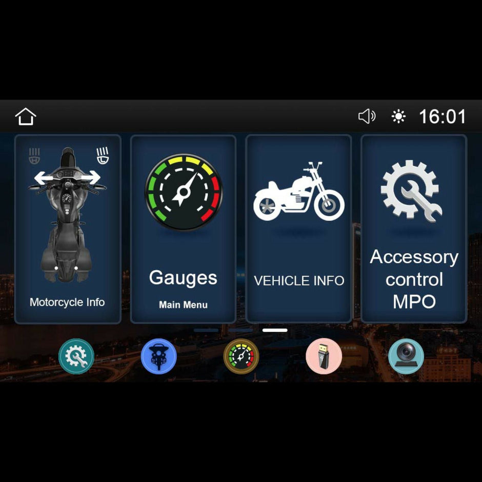 The 2014-2023 Harley Davidson® Plug N-Play Media Receiver - RPMHD14 digital dashboard has four main icons: 