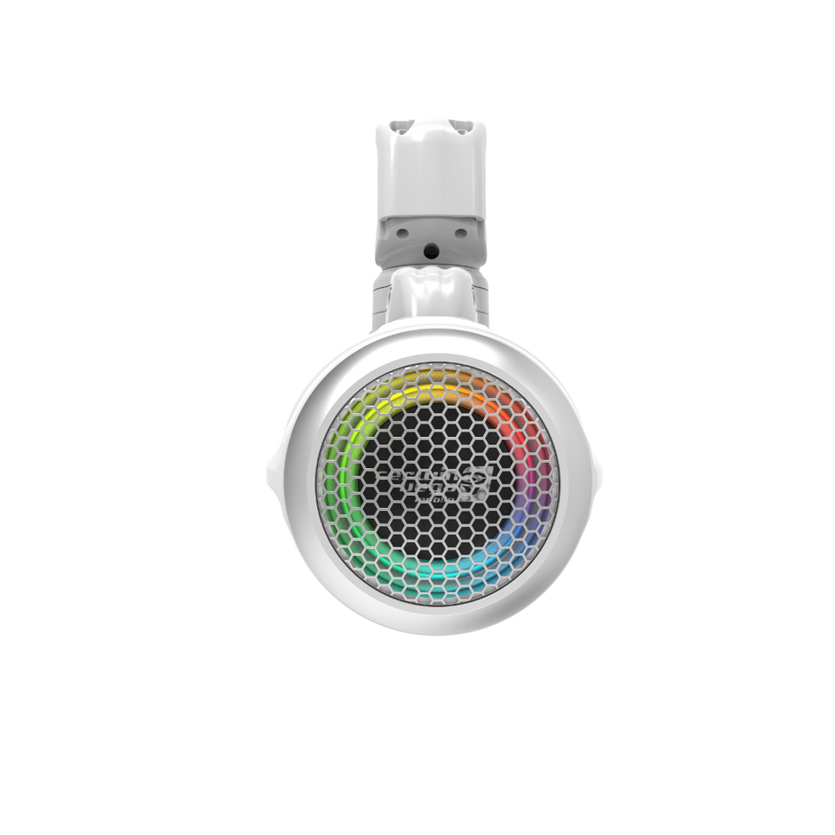 A white over-ear headphone featuring a round ear cup with a hexagonal mesh grid and rainbow LED light pattern on the speaker, delivering high-performance audio. The headband is partly visible above the ear cup. 使用了加黑、白色包边的 2-Way Speaker System (Pair) 内 声线圈注塑 PP 圆锥橡胶。.