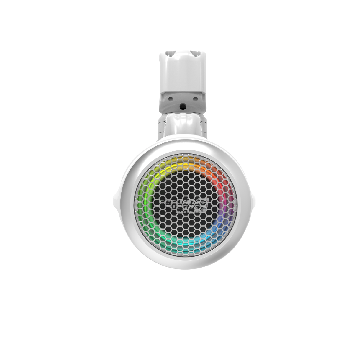 A white over-ear headphone featuring a round ear cup with a hexagonal mesh grid and rainbow LED light pattern on the speaker, delivering high-performance audio. The headband is partly visible above the ear cup. 使用了加黑、白色包边的 2-Way Speaker System (Pair) 内 声线圈注塑 PP 圆锥橡胶。.