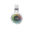 A white over-ear headphone featuring a round ear cup with a hexagonal mesh grid and rainbow LED light pattern on the speaker, delivering high-performance audio. The headband is partly visible above the ear cup. 使用了加黑、白色包边的 2-Way Speaker System (Pair) 内 声线圈注塑 PP 圆锥橡胶。.