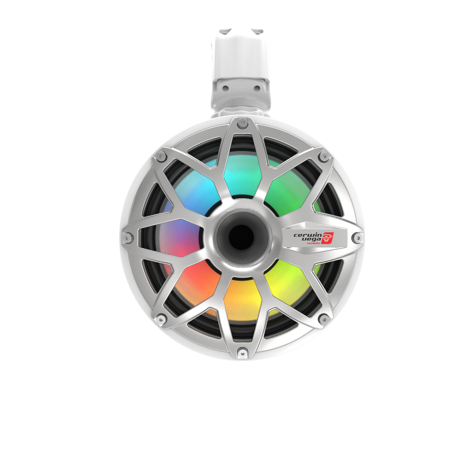 The circular speaker sports a silver grille and vivid multicolored LED lights in RGB. It displays 
