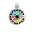 The circular speaker sports a silver grille and vivid multicolored LED lights in RGB. It displays 