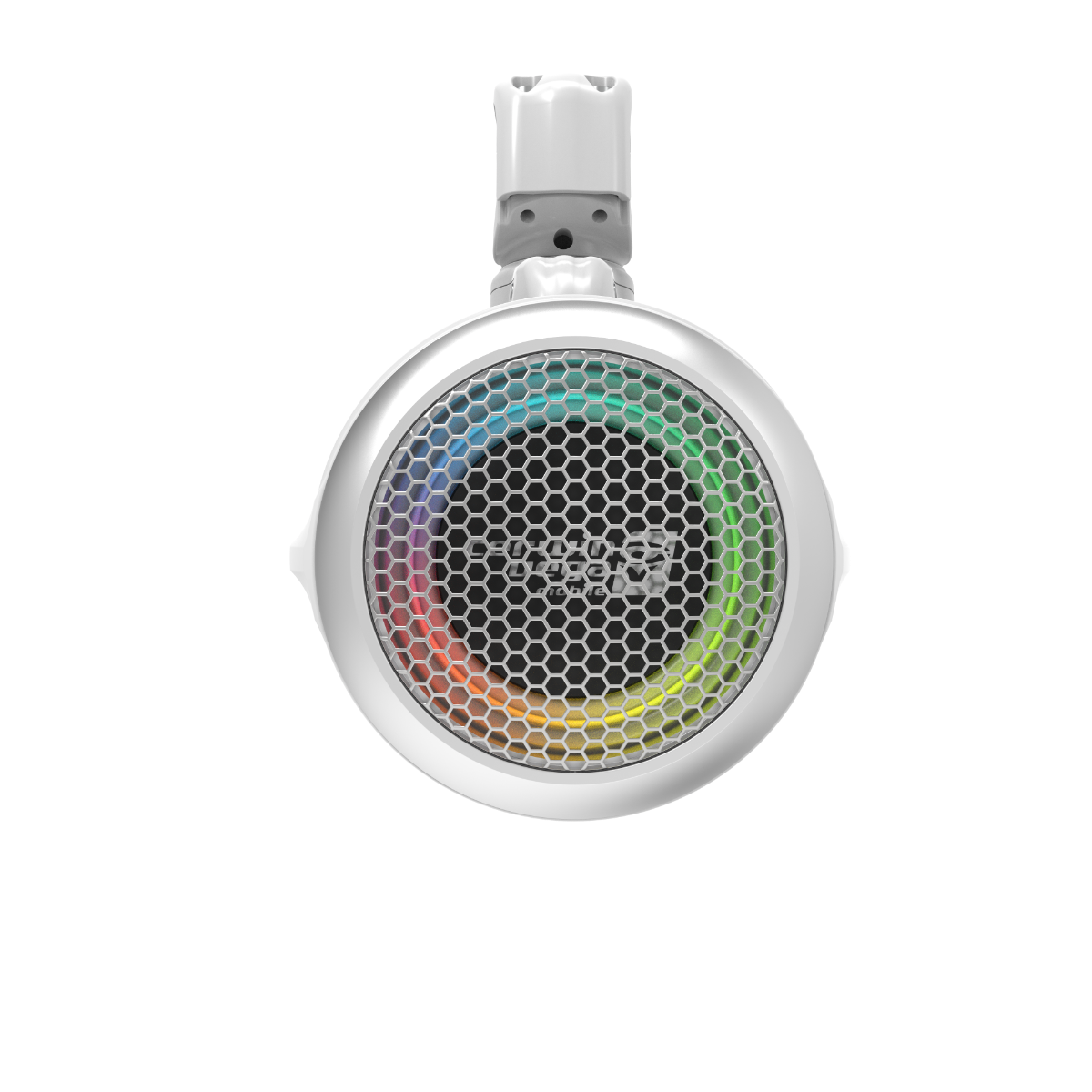 A white circular marine speaker with an IP65 build, featuring a honeycomb-patterned grille and multicolored LED ring in red, yellow, green, blue, and purple gradients. It has a white clip for attachment and provides high-performance audio. Product: 2-Way Speaker System (Pair), Black/White Coated Voice Coil Rubber Surround.