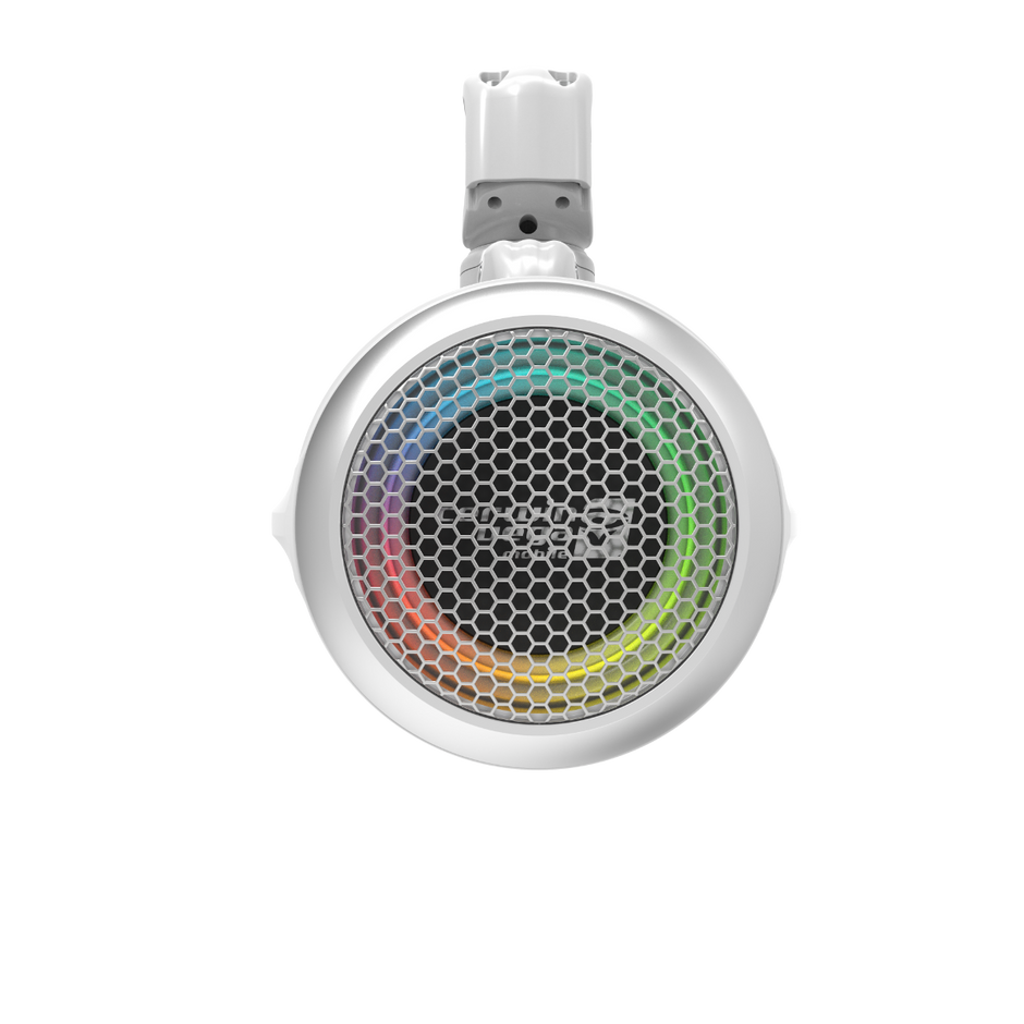 A white circular marine speaker with an IP65 build, featuring a honeycomb-patterned grille and multicolored LED ring in red, yellow, green, blue, and purple gradients. It has a white clip for attachment and provides high-performance audio. Product: 2-Way Speaker System (Pair), Black/White Coated Voice Coil Rubber Surround.