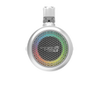 A white circular marine speaker with an IP65 build, featuring a honeycomb-patterned grille and multicolored LED ring in red, yellow, green, blue, and purple gradients. It has a white clip for attachment and provides high-performance audio. Product: 2-Way Speaker System (Pair), Black/White Coated Voice Coil Rubber Surround.