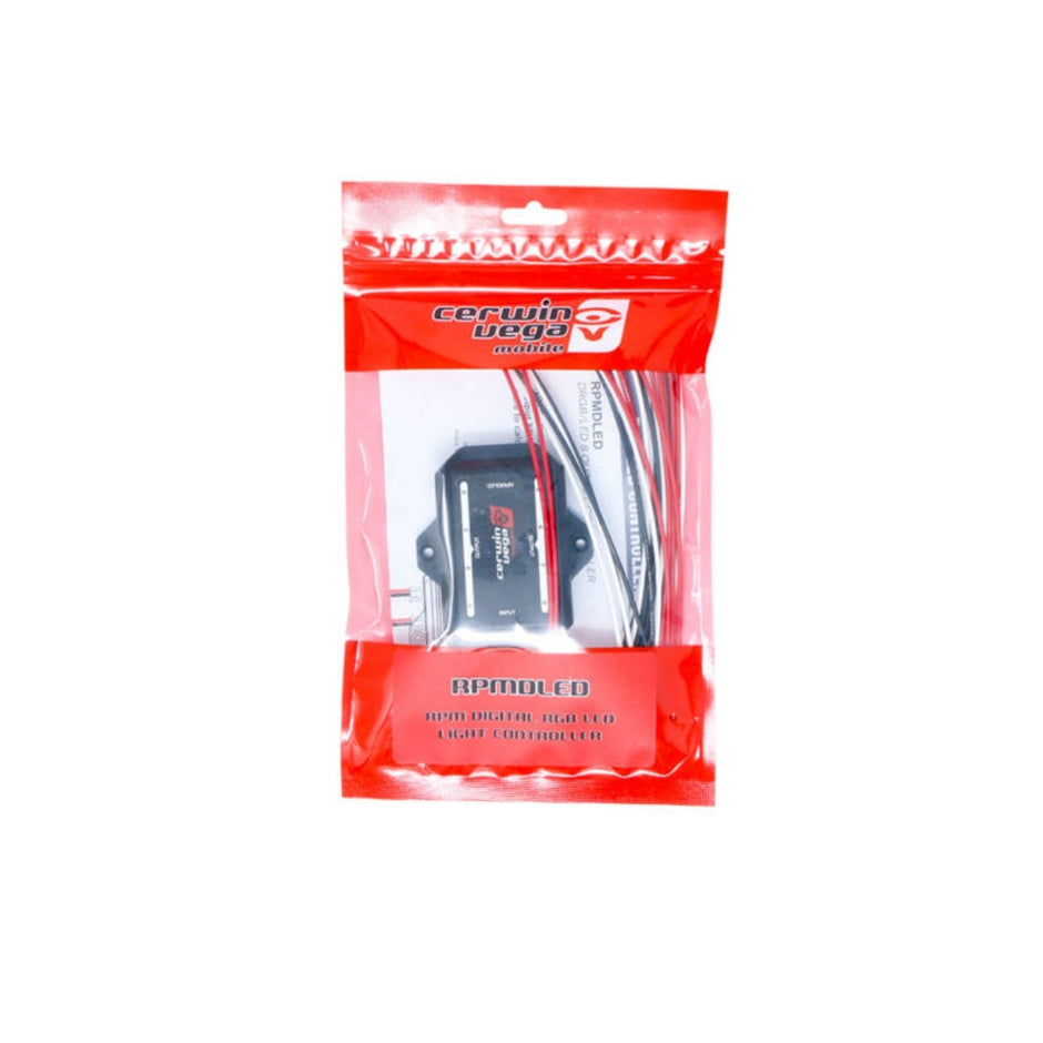 A red package highlights the Cerwin Vega Mobile LED Digital Remote Controlled Via Phone App (MAGIC LANTERN). The transparent center shows the black RPMDLED controller with 8 outputs and wires. The label in white and red emphasizes its remote-controlled and LED functionality.
