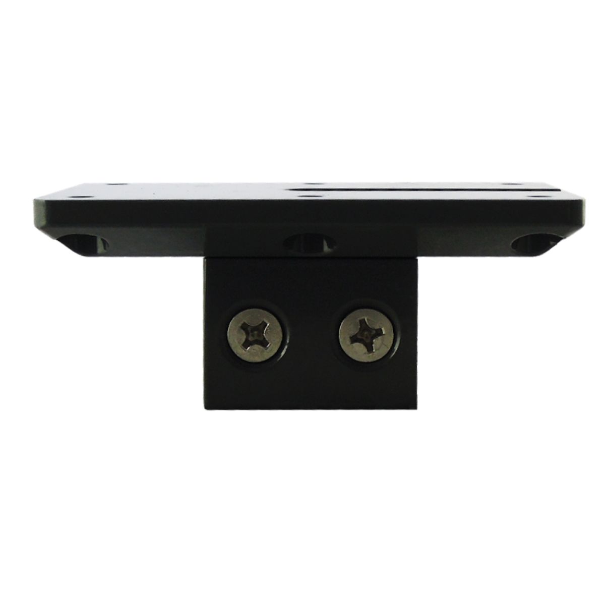 The RPM Flat Mount Bracket for Surface/Deck Mount (RPMFMCBLK) is a sturdy black L-shaped metal bracket with a wide flat top, multiple mounting holes, and a vertical section with symmetrical screws, photographed against a white background for reliable installation.