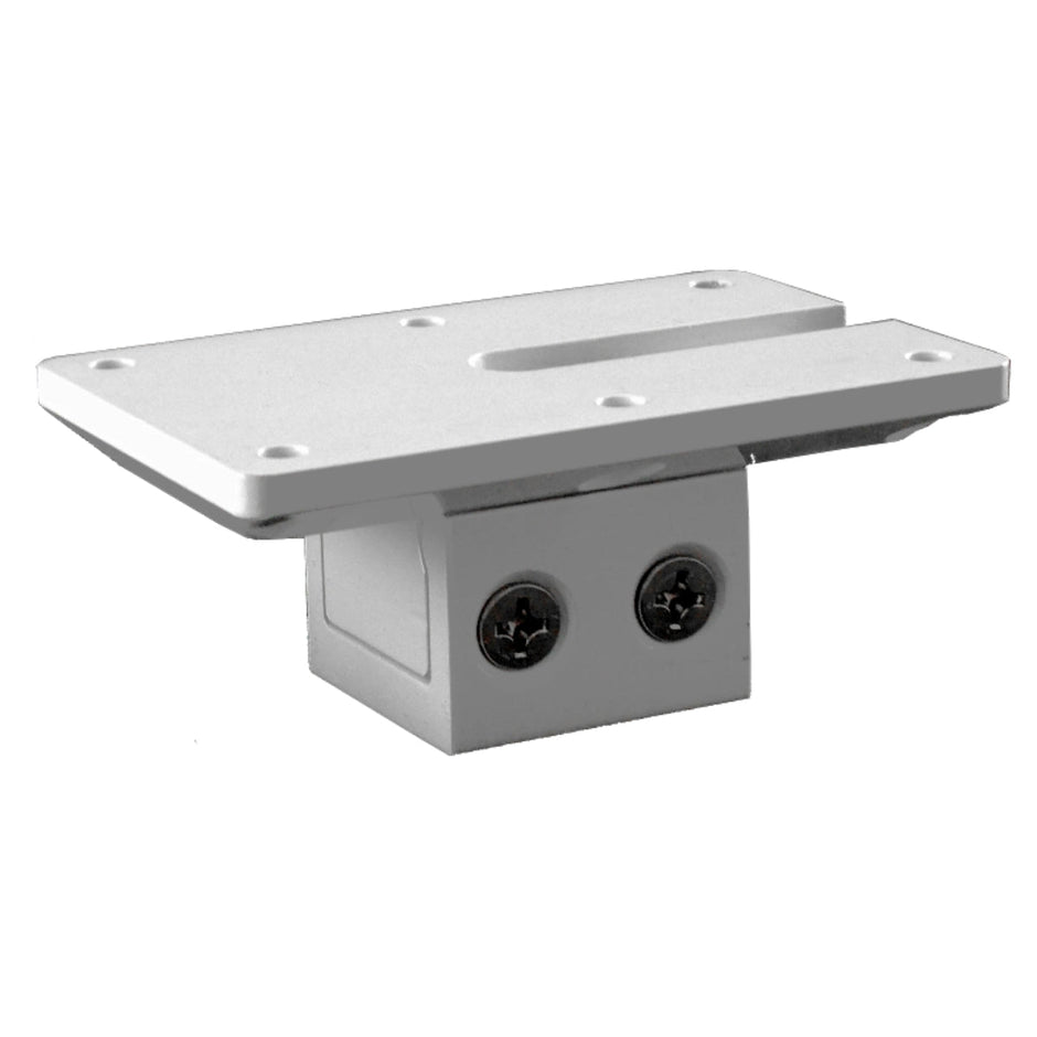 The RPM Flat Mount Clamp, a small white metal bracket with a rectangular top featuring holes and a slotted groove, is perfect for surface/deck mounting. It attaches to a square base with two visible front screws, ideal for securing objects efficiently. Comes as a UV-treated pair.