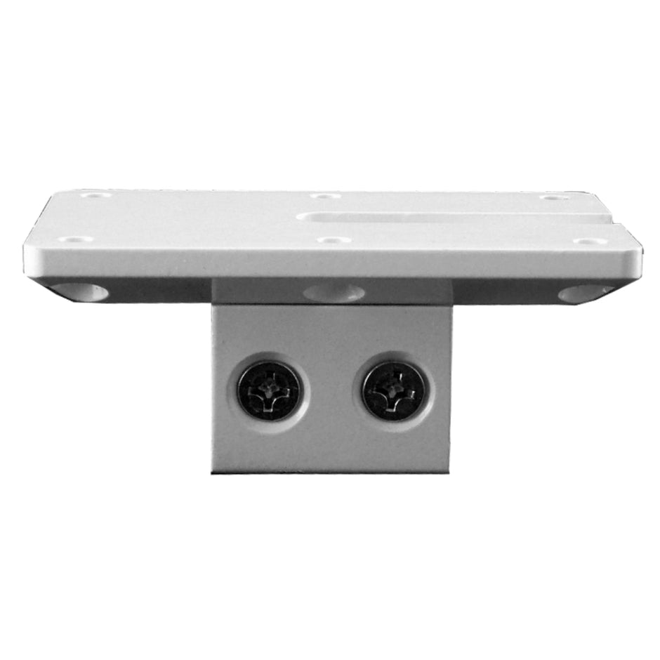 The RPM Flat Mount Clamp for Surface/Deck Mounting, sold as a UV-treated pair, features a white metal bracket with a rectangular base, four rounded corners, six circular holes, and a smaller vertical piece secured by two screws on a plain white background.