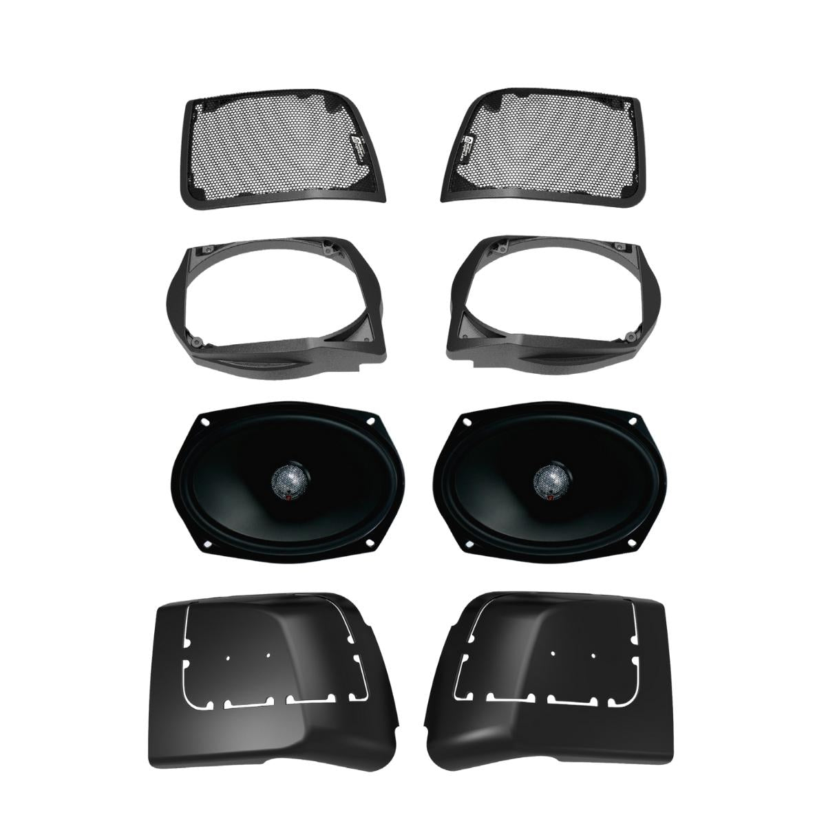 The 2014-2023 Harley Davidson® Cut In Lid Kit with ST692CX2 (2Ω) by Cerwin Vega features six audio components: mesh speaker grilles, black mounts, oval speakers with exposed diaphragms, and plastic covers. These pairs enhance audio for an immersive sound experience reminiscent of a Harley Davidson® ride.