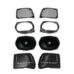 The 2014-2023 Harley Davidson® Cut In Lid Kit with ST692CX2 (2Ω) by Cerwin Vega features six audio components: mesh speaker grilles, black mounts, oval speakers with exposed diaphragms, and plastic covers. These pairs enhance audio for an immersive sound experience reminiscent of a Harley Davidson® ride.