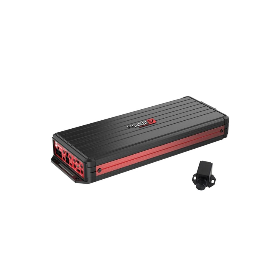 The RPMX3KD3 kit includes a black/red 6 channel digital amplifier with a ribbed top and side ports, alongside a compact black remote control, all isolated on a white background.