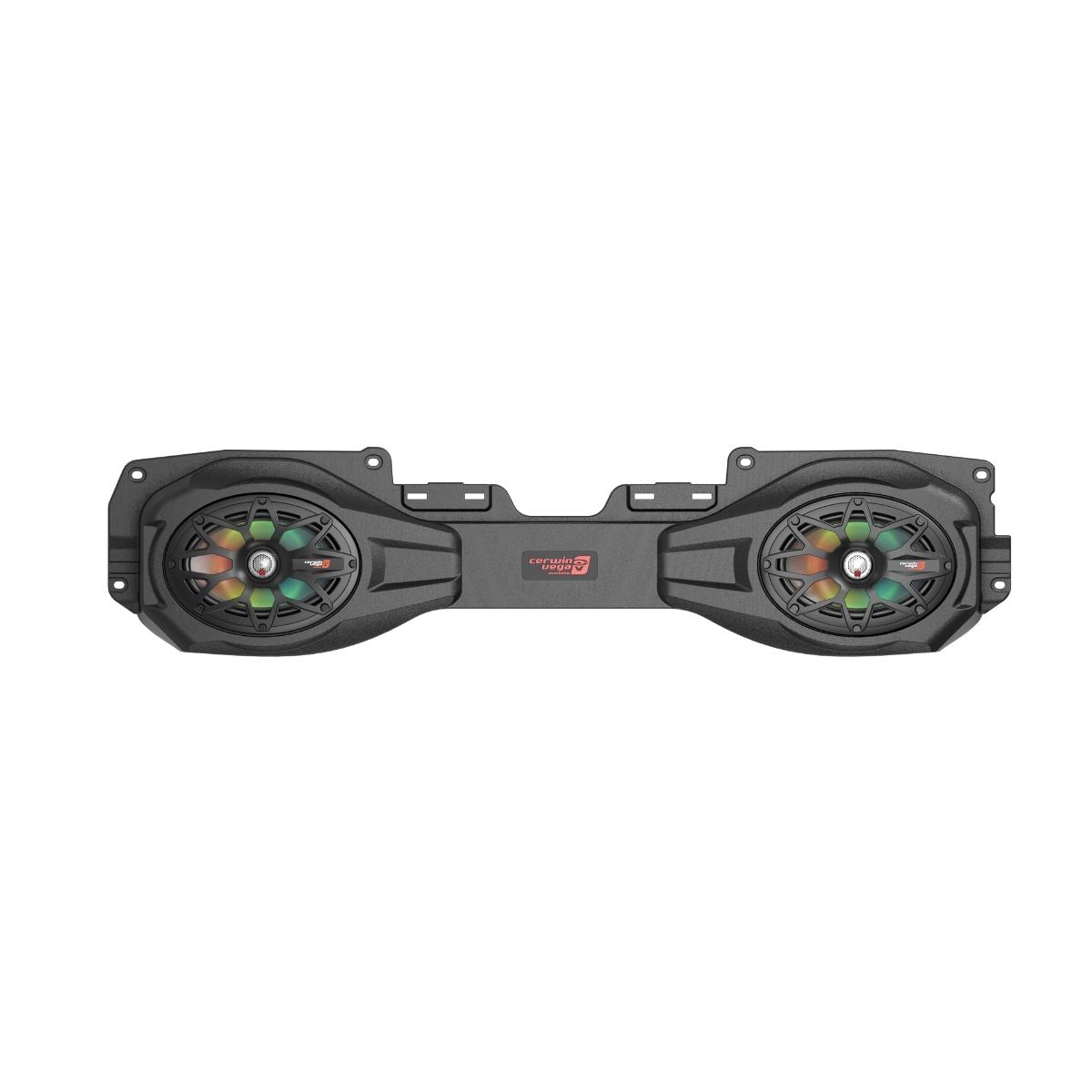 The Jeep Speakers are black with a sleek, modern rectangular bar design, featuring two circular speakers with colorful LED lights. Each speaker has raised housing, a central red logo, and visible top-mounted brackets.