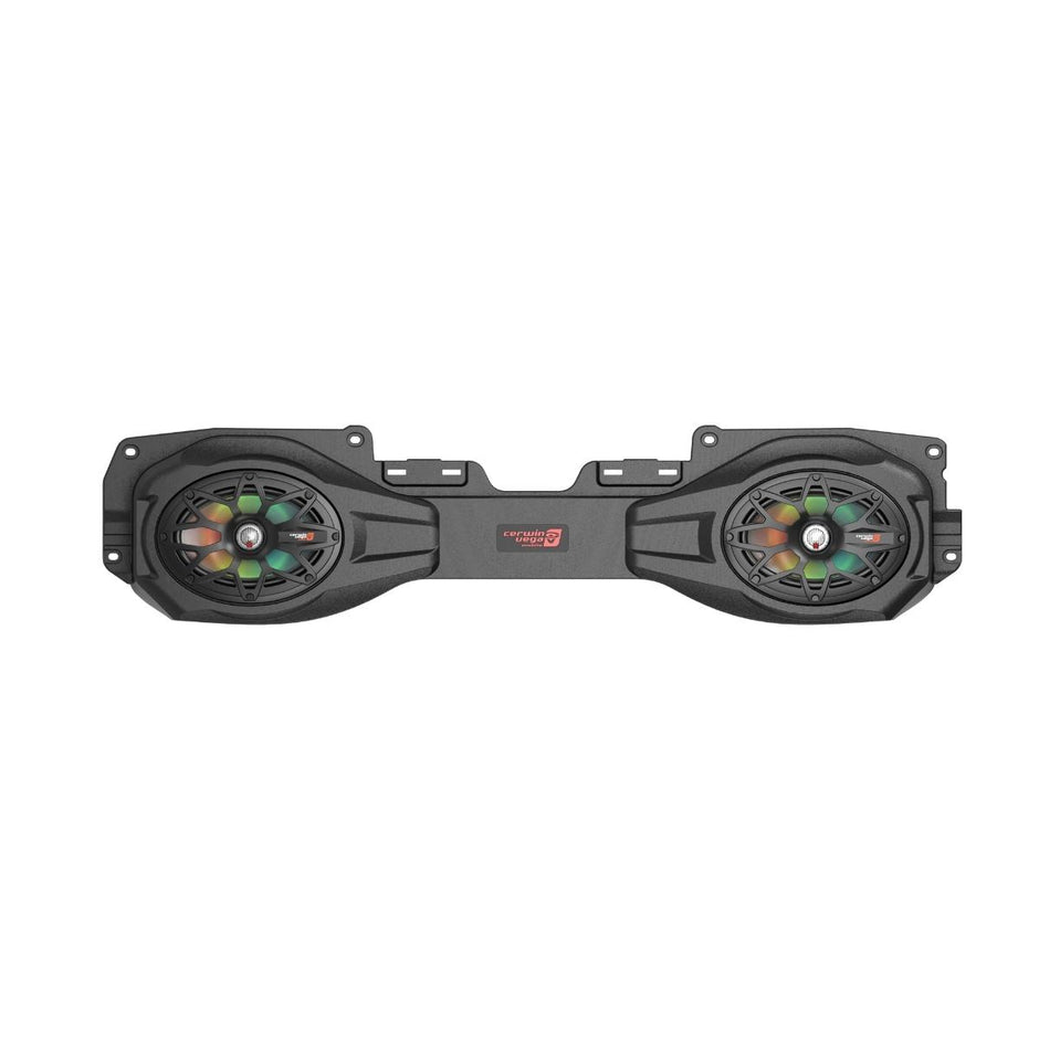 The Jeep Speakers are black with a sleek, modern rectangular bar design, featuring two circular speakers with colorful LED lights. Each speaker has raised housing, a central red logo, and visible top-mounted brackets.