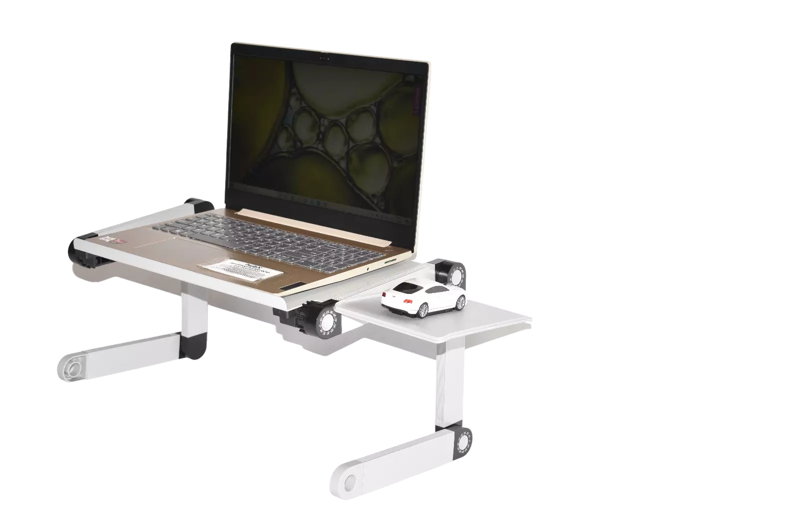 Adjustable Laptop Table Stand with Cooling Fan, Foldable Standing Desk & Non-Slip Mousepad (Gray)