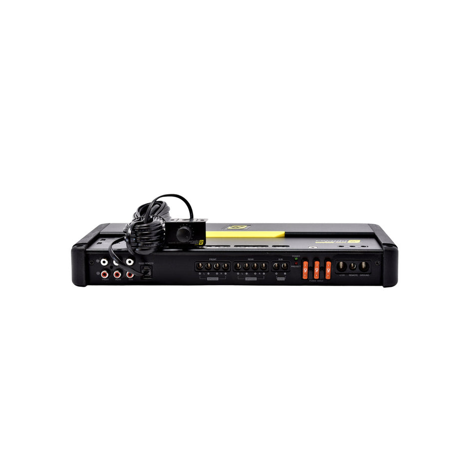 The sleek black Stroker Amplifier features multiple input/output ports, including red and white RCA connectors. Its front has several switches and screw terminals. Coiled cables rest on top, accompanied by a yellow label on its surface.