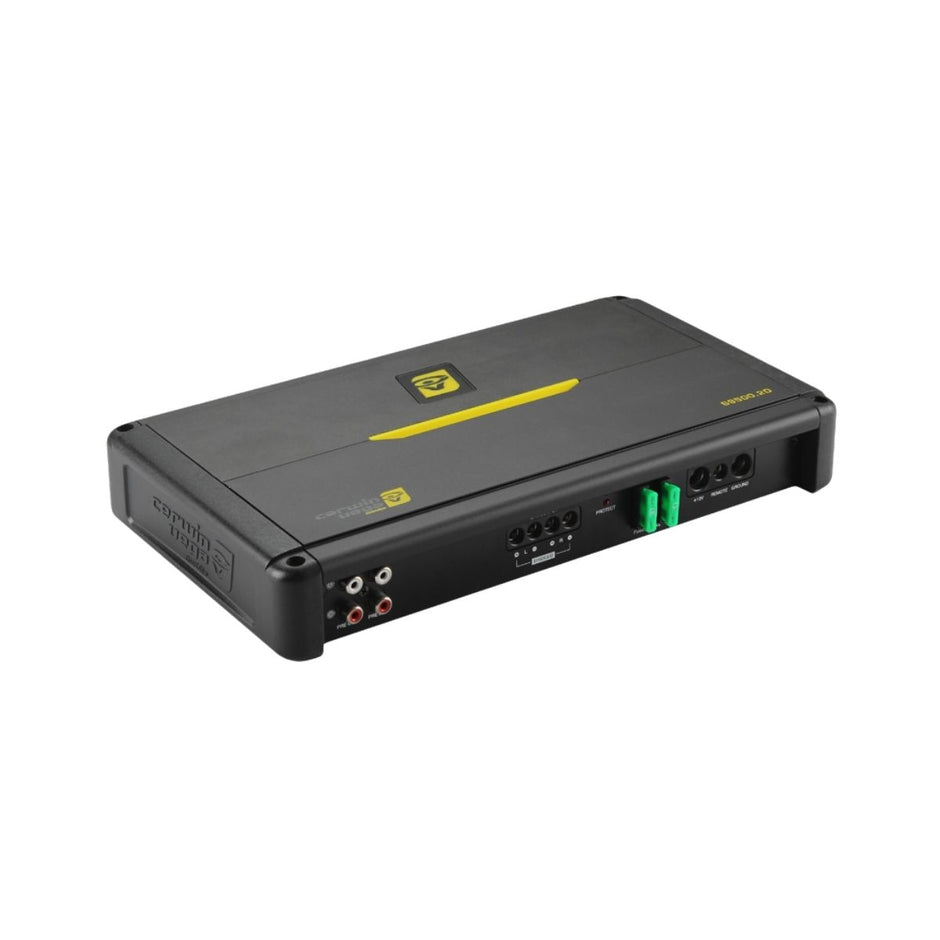 The Stroker Amplifier is a sleek, rectangular black car amplifier with a central yellow stripe featuring a logo on top. It has side ports and connectors, including green and black terminals and RCA inputs, giving it a modern and compact appearance.