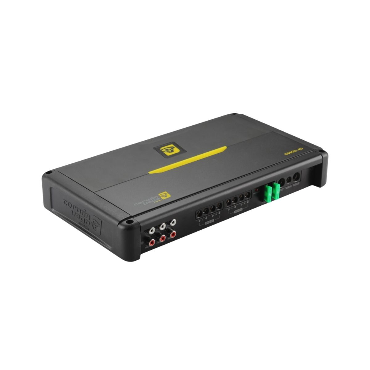 The Stroker Amplifier showcases a compact, sleek design with a rectangular black metal casing and yellow accents. It has multiple input/output ports, including RCA jacks and plug connectors on one side. The top features the logo and model name in an angled view.