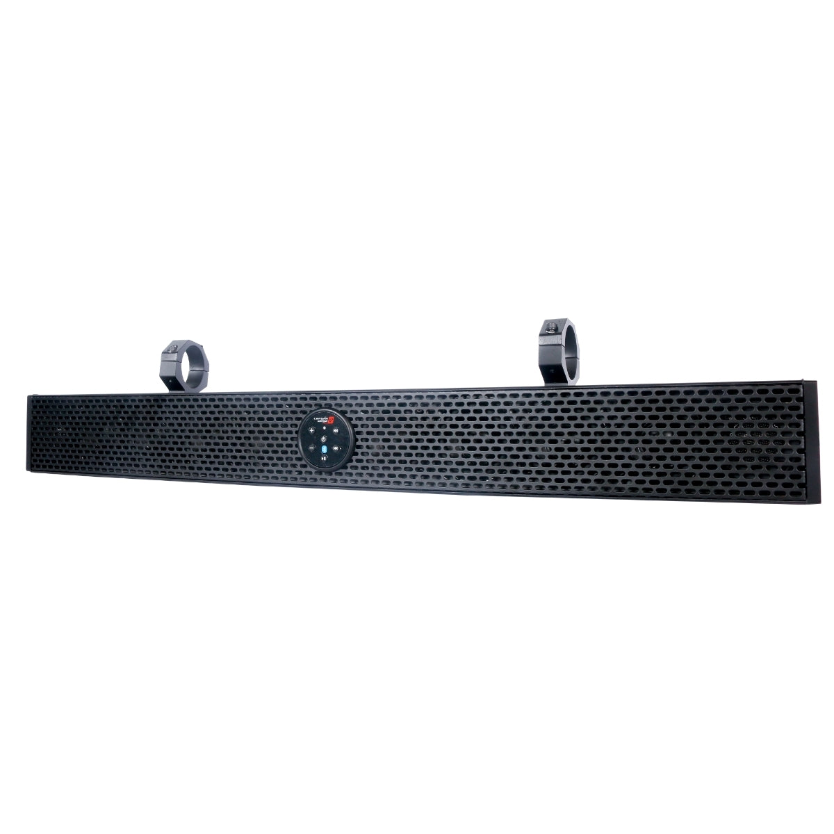The RPM XED Waterproof Soundbars boast a sleek, modern design with a black hexagonal mesh grille and central circular control panel featuring buttons. Round mounting brackets on top offer wall or surface attachment options, making it ideal for enhancing sound systems in various settings.